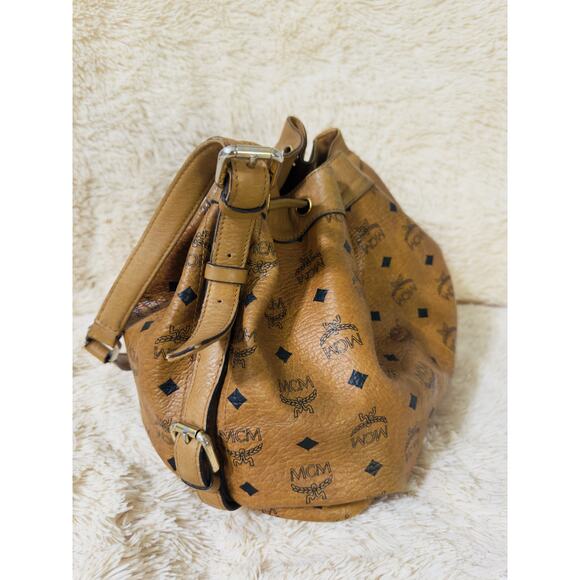 MCM Leather Drawstring Bucket Bag - Visetos Cognac - Picture 5 of 14